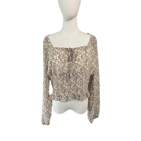 Nine Britton Cream Tan Pattern Smocked Sheer Blouse | Size L | Long Sleeve - Picture 2 of 8